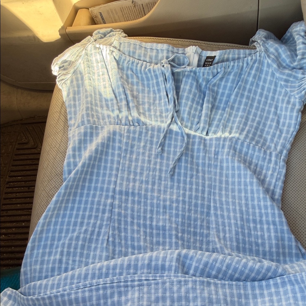 Light Blue Checked Maxi Dress with Tie Front
